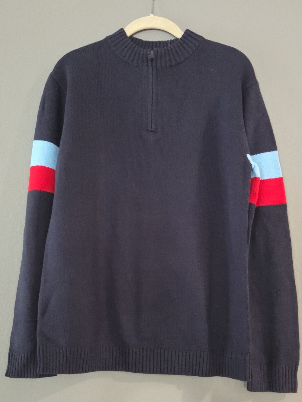 Navy Quarter-Zip Sweater with Red & Light Blue Sleeve Stripes (XL Husky)